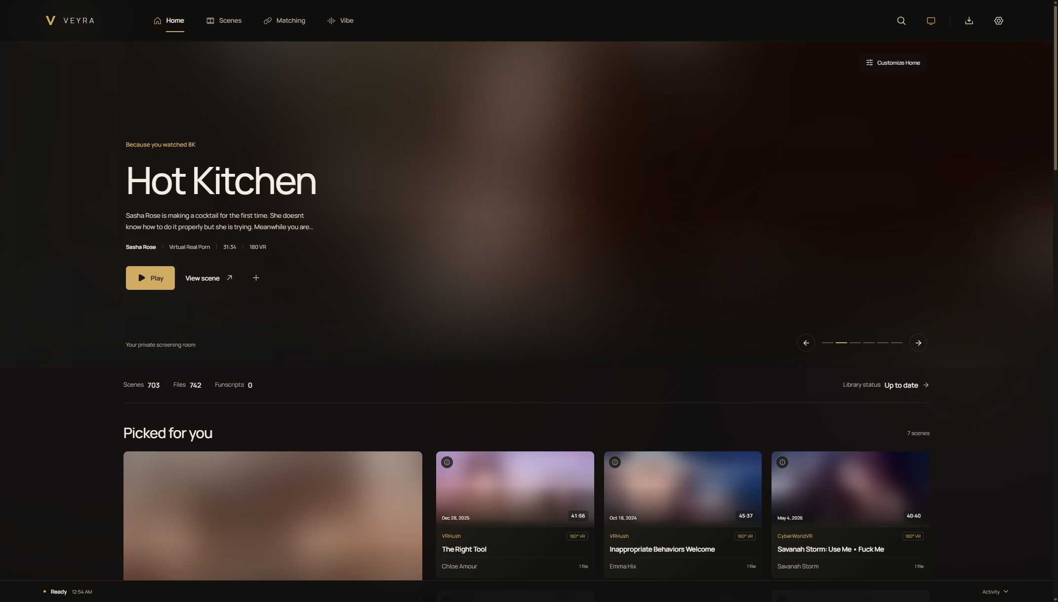 Veyra Home view with a featured scene and curated library sections